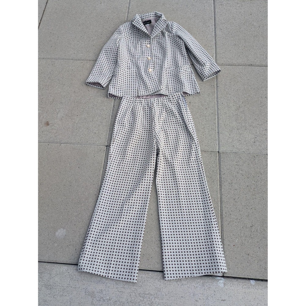 VTG Disco Hippie Suit Womens L Grey Brown Polka Dot Knit Jacket Pants Set 70s